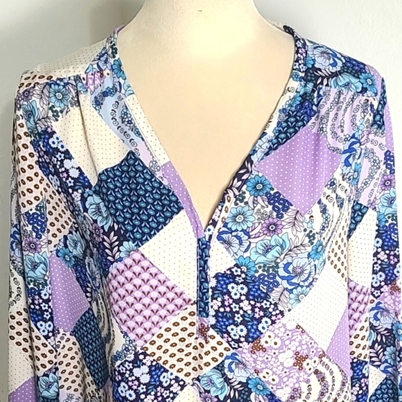 Pleione Multicolor Shades of Blue & Purple Patchwork Blouse, Size Large - Picture 2 of 8
